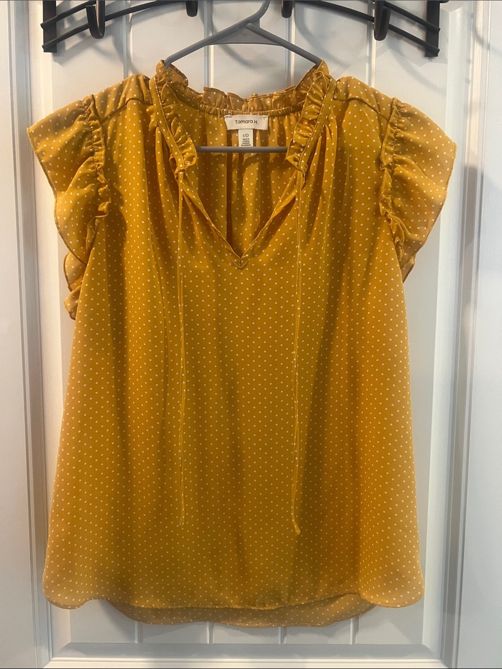 Unknown Brand Mustard Polka Dot Ruffle Sleeve V-Neck Top